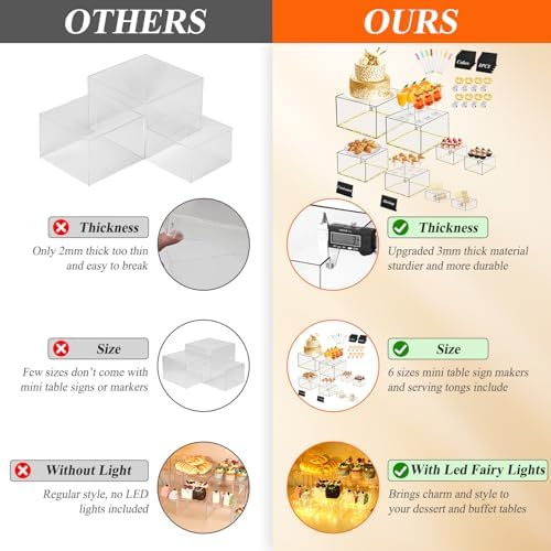 8 Pcs Clear Acrylic Buffet Risers with LED Fairy Lights, Acrylic Food Risers with Mini Sign and Maker, Clear, alternate view