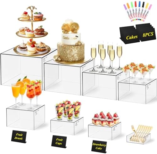 8 Pcs Clear Acrylic Buffet Risers with Mini Sign and Maker, Buffet Risers and Stands Clear Food Display Risers