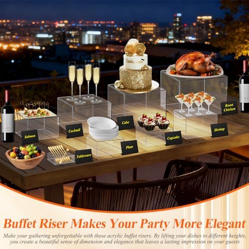 8 Pcs Clear Acrylic Buffet Risers with Mini Sign and Maker, Buffet Risers and Stands Clear Food Display Risers, alternate