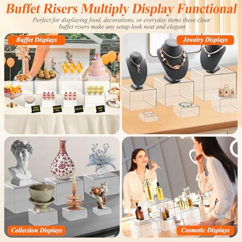 8 Pcs Clear Acrylic Buffet Risers with Mini Sign and Maker, Buffet Risers and Stands Clear Food Display Risers, alternate