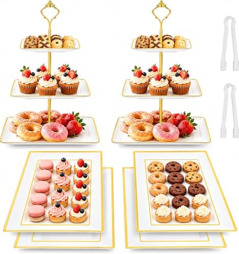 8 Pcs Dessert Display Set, 2 3-Tier Cupcake Stands, 4 Trays & 2 Tongs in white and gold