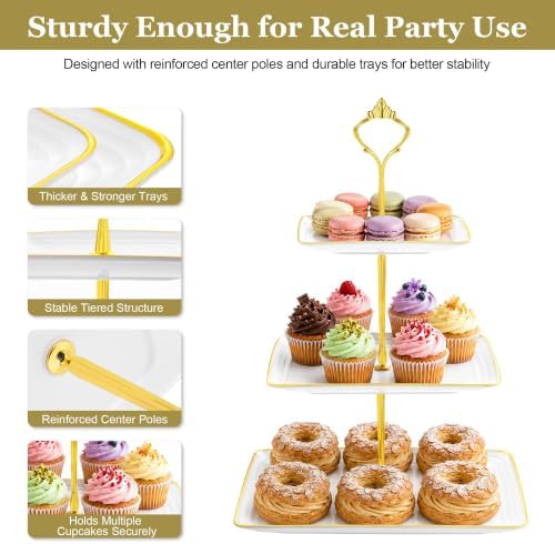 8 Pcs Dessert Display Set, 2 3-Tier Cupcake Stands, 4 Trays & 2 Tongs in white and gold, alternate view 4