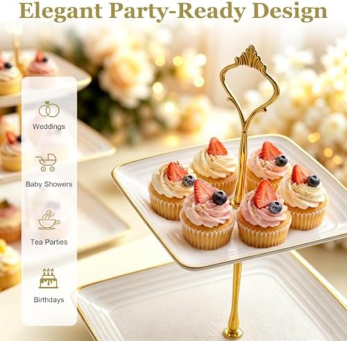 8 Pcs Dessert Display Set, 2 3-Tier Cupcake Stands, 4 Trays & 2 Tongs in white and gold, alternate view 5
