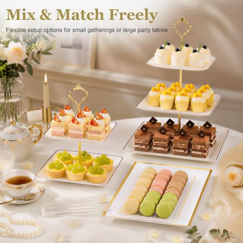 8 Pcs Dessert Display Set, 2 3-Tier Cupcake Stands, 4 Trays & 2 Tongs in white and gold, alternate view 6