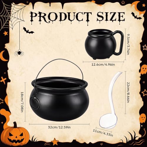 8 Pcs Halloween Cauldron Punch Bowl Set, 12.6 Inch Witch Cauldron Candy Bowl with Ladle and 6 Mini Black Cups, alternate view