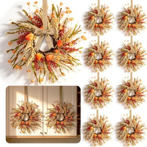 8 Pcs Mini Fall Wreaths for Kitchen Cabinet Thanksgiving Artificial Wreaths Autumn Hanging Wreath Harvest Candle