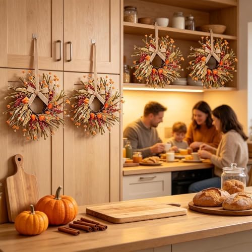8 Pcs Mini Fall Wreaths for Kitchen Cabinet Thanksgiving Artificial Wreaths Autumn Hanging Wreath Harvest Candle, alternate