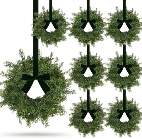 8 PCS Mini Real Touch Christmas Wreaths for Kitchen Cabinets Artificial Norfolk Lifelike Cedar Wreaths with Bow