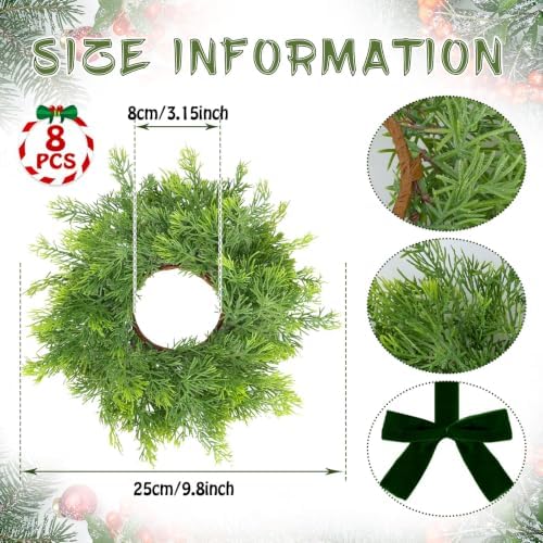 8 PCS Mini Real Touch Christmas Wreaths for Kitchen Cabinets Artificial Norfolk Lifelike Cedar Wreaths with Bow, alternate