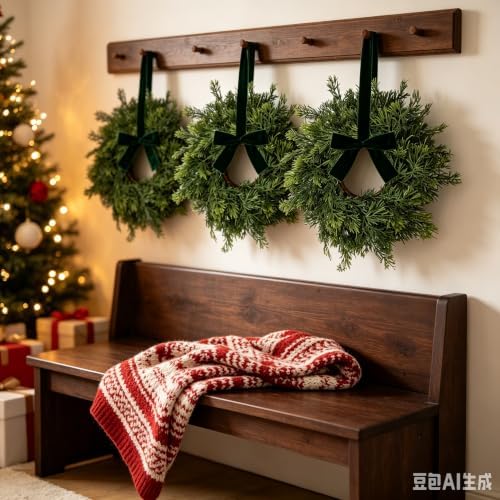 8 PCS Mini Real Touch Christmas Wreaths for Kitchen Cabinets Artificial Norfolk Lifelike Cedar Wreaths with Bow, alternate