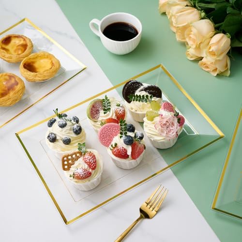 8 PCS Plastic Serving Trays for Party, Clear Gold Rim Platters in Large in Clear, alternate view 2