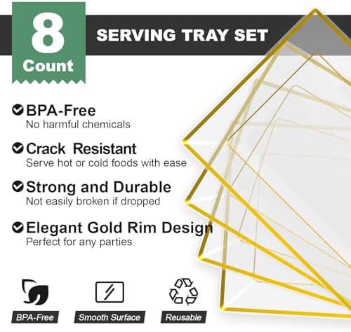 8 PCS Plastic Serving Trays for Party, Clear Gold Rim Platters in Large in Clear, alternate view 4