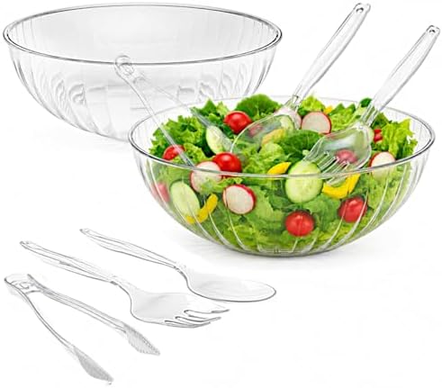 8 Pcs Set Large Plastic Serving Bowls 1.5 Gallon (192 oz), Big Clear Salad Bowl with Tongs, Serving Forks &