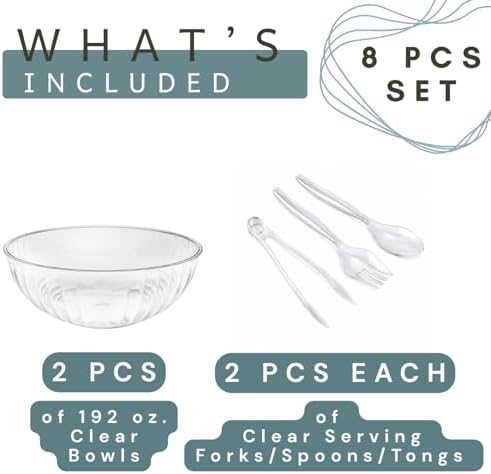8 Pcs Set Large Plastic Serving Bowls 1.5 Gallon (192 oz), Big Clear Salad Bowl with Tongs, Serving Forks &, alternate view 3