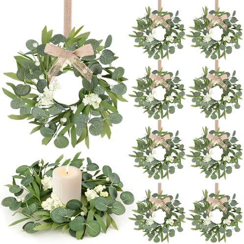 8 Pcs Small Eucalyptus Wreaths Spring Summer Artificial Green Wreath with White Berries Mini Green Kitchen