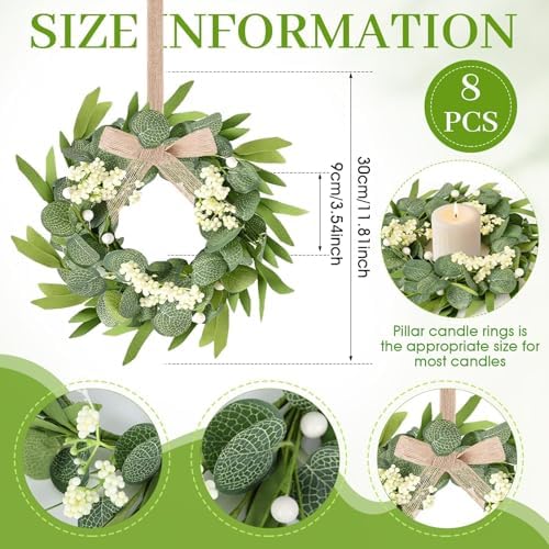 8 Pcs Small Eucalyptus Wreaths Spring Summer Artificial Green Wreath with White Berries Mini Green Kitchen, alternate view 3
