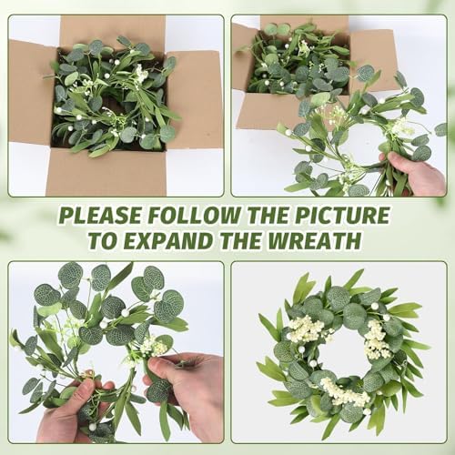8 Pcs Small Eucalyptus Wreaths Spring Summer Artificial Green Wreath with White Berries Mini Green Kitchen, alternate view 4