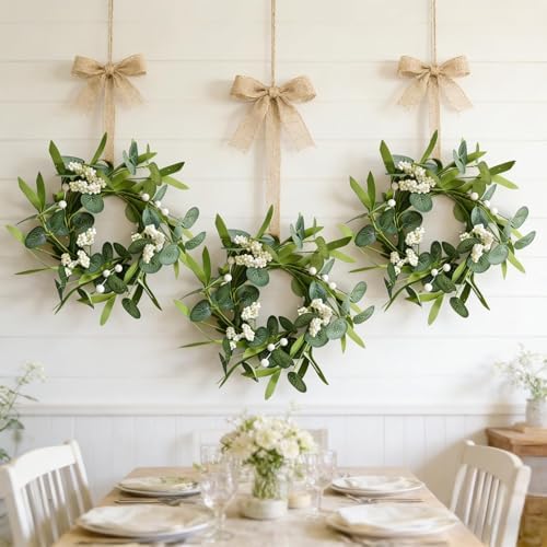8 Pcs Small Eucalyptus Wreaths Spring Summer Artificial Green Wreath with White Berries Mini Green Kitchen, alternate view 5