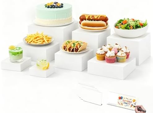 8 Pcs White Acrylic Buffet Risers with 8 Card Holders, Food Display Risers for Buffet Table Party, Multi-Height