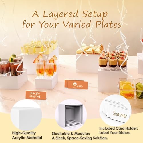 8 Pcs White Acrylic Buffet Risers with 8 Card Holders, Food Display Risers for Buffet Table Party, Multi-Height, alternate