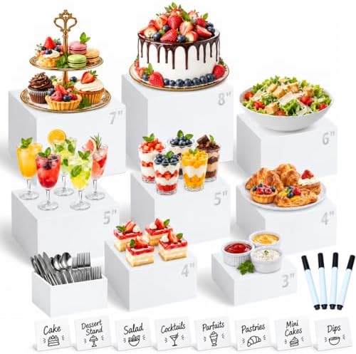 8 Pcs White Acrylic Buffet Risers with 8 Mini Sign and 4 Marker (8PCS)