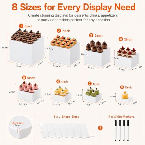 8 Pcs White Acrylic Buffet Risers with 8 Mini Sign and 4 Marker (8PCS), alternate view 2