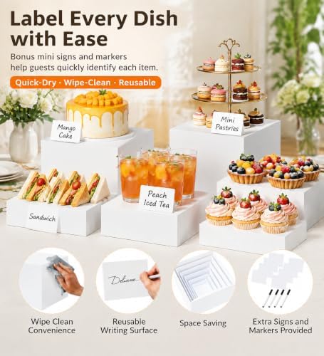 8 Pcs White Acrylic Buffet Risers with 8 Mini Sign and 4 Marker (8PCS), alternate view 3
