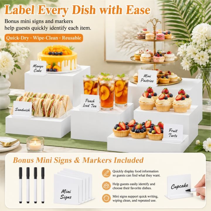 8 Pcs White Acrylic Buffet Risers with 8 Mini Sign and 4 Marker (8PCS), alternate view 7