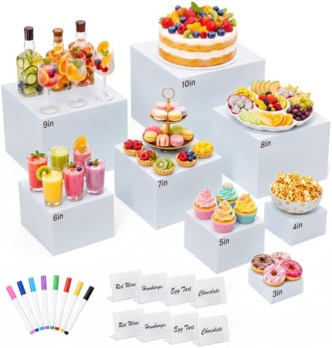8 Pcs White Buffet Risers with Mini Sign and Marker, Food Risers Display Stands for Buffet Table Party Catering