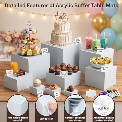 8 Pcs White Buffet Risers with Mini Sign and Marker, Food Risers Display Stands for Buffet Table Party Catering, alternate