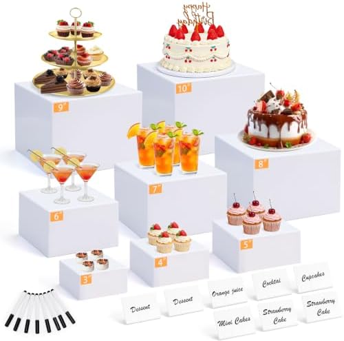 8 Pcs White Buffet Risers with Mini Signs, Nesting HIPS Food Display Stands in white