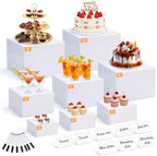 8 Pcs White Buffet Risers with Mini Signs, Nesting HIPS Food Display Stands in white
