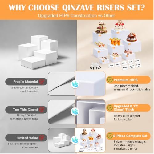 8 Pcs White Buffet Risers with Mini Signs, Nesting HIPS Food Display Stands in white, alternate view 3