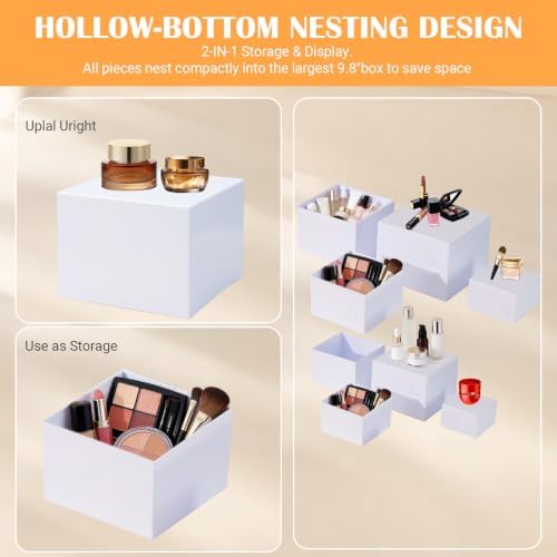 8 Pcs White Buffet Risers with Mini Signs, Nesting HIPS Food Display Stands in white, alternate view 5