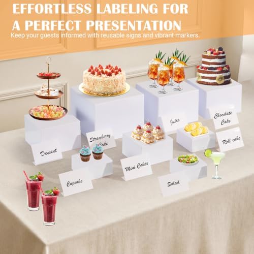 8 Pcs White Buffet Risers with Mini Signs, Nesting HIPS Food Display Stands in white, alternate view 6