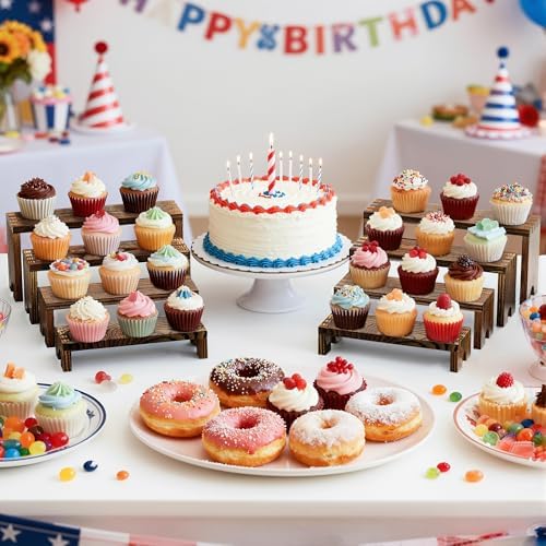 8 Pcs Wood Cupcake Stands for Party,2-Set Stackable Display Risers in Brown, alternate view 2