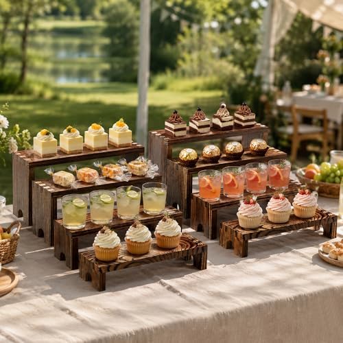 8 Pcs Wood Cupcake Stands for Party,2-Set Stackable Display Risers in Brown, alternate view 4