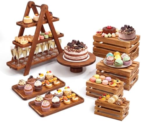 8 Pcs Wood Dessert Table Display Set, Cake and Cupcake Stand Set in natural wood color