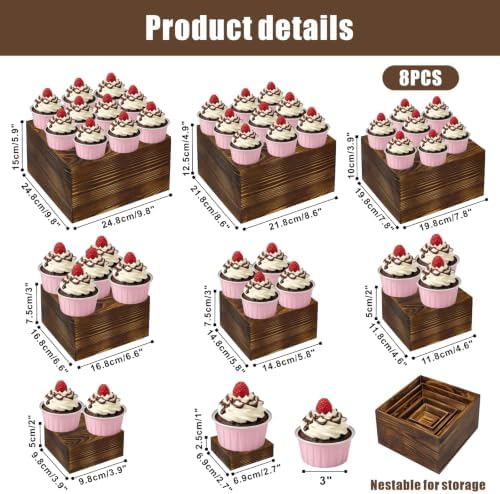 8 Pcs Wooden Buffet Risers Display Stands, 8 Sizes for Wedding Party Supply in Vintage, alternate view 2