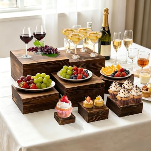 8 Pcs Wooden Buffet Risers Display Stands, 8 Sizes for Wedding Party Supply in Vintage, alternate view 4