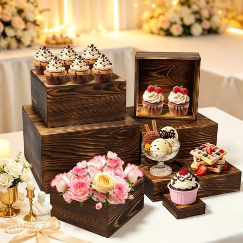 8 Pcs Wooden Buffet Risers Display Stands, 8 Sizes for Wedding Party Supply in Vintage, alternate view 5