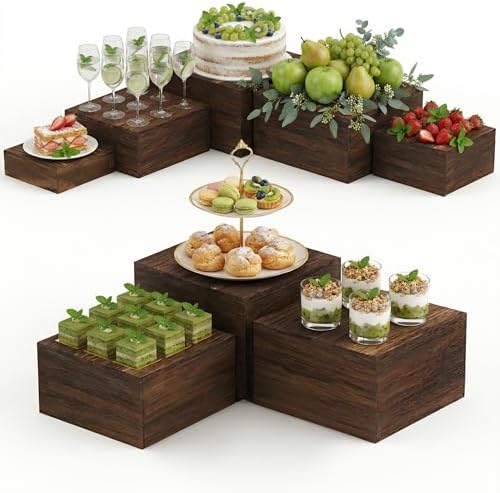 8 PCS Wooden Buffet Risers, Nesting Rustic Wood Display Stands, Multi-Size Dessert Table Display Set for