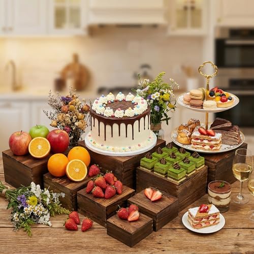 8 PCS Wooden Buffet Risers, Nesting Rustic Wood Display Stands, Multi-Size Dessert Table Display Set for, alternate view 6