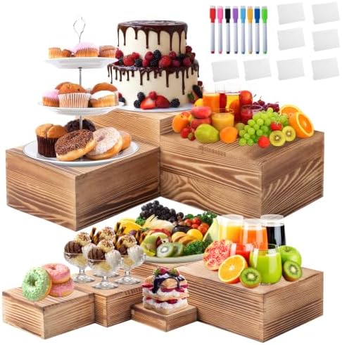 8 PCS Wooden Buffet Risers, Ruistic Food Risers for Buffet Table, Cupcake Dessert Display Stand, Catering