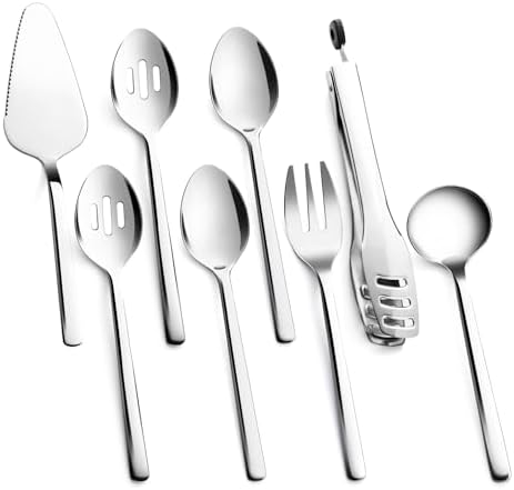 8 piece Large Hostess Serving Utensils Set,18/10 Stainless Steel in Silver