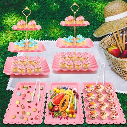 8 Pieces Cupcake Stand Set, Dessert Tower Tray for Tea Party in Pink, alternate view 2