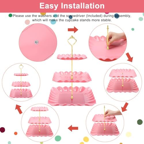 8 Pieces Cupcake Stand Set, Dessert Tower Tray for Tea Party in Pink, alternate view 6