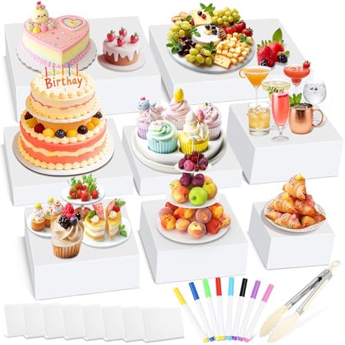 8 Pieces Large Buffet Risers with Label Stands, Serving Tong and Markers for Party, Display Stands for Jewelry