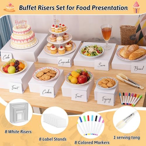 8 Pieces Large Buffet Risers with Label Stands, Serving Tong and Markers for Party, Display Stands for Jewelry, alternate