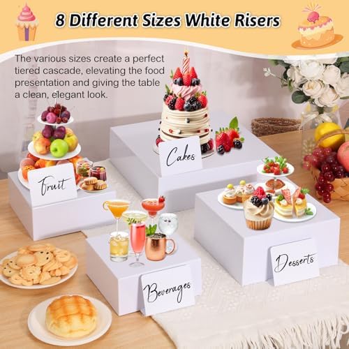 8 Pieces Large Buffet Risers with Label Stands, Serving Tong and Markers for Party, Display Stands for Jewelry, alternate